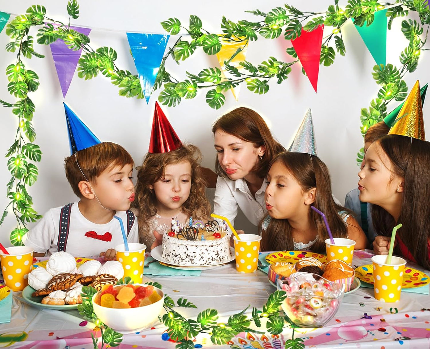 RECUTMS Artificial Monstera Leaf Vines Whit Light 2Pcs, 5.9FT Fake Hanging Ivy Plant Faux Tropical Palm Leaves Greenery Vine Garland Indoor Outdoor Garden Porch Patio Jungle Luau Birthday Party Décor