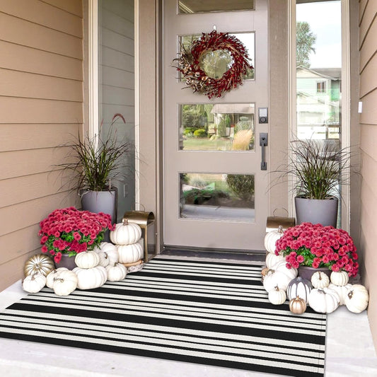 IOHOUZE Black and White Striped Rug 3'x5' Front Door Rugs Outdoor, Washable Area Rug for Front Porch, Spring Summer Doormats Outdoor Indoor, Cotton Rugs for Entryway Porch Entrance