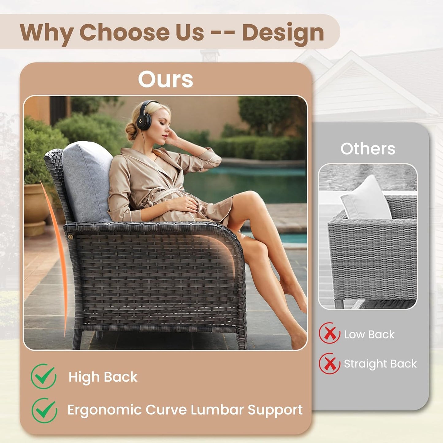 HOOOWOOO Patio Furniture Set,3 Pieces Outdoor Conversation Set,All Weather Wicker Bistro Set Yard Porch High Back Chairs Side Table,Light Gray