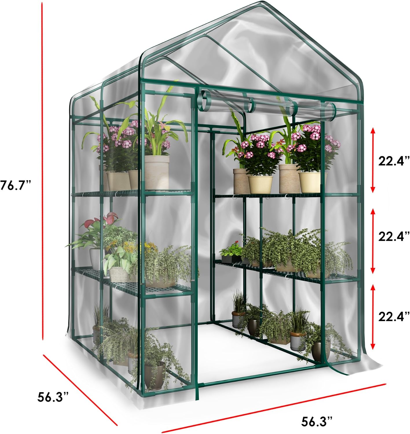 Greenhouse - Walk in Greenhouse with 8 Sturdy Shelves and PVC Cover for Indoor or Outdoor Use - 56 x 56 x 76-Inch Green House by Home-Complete