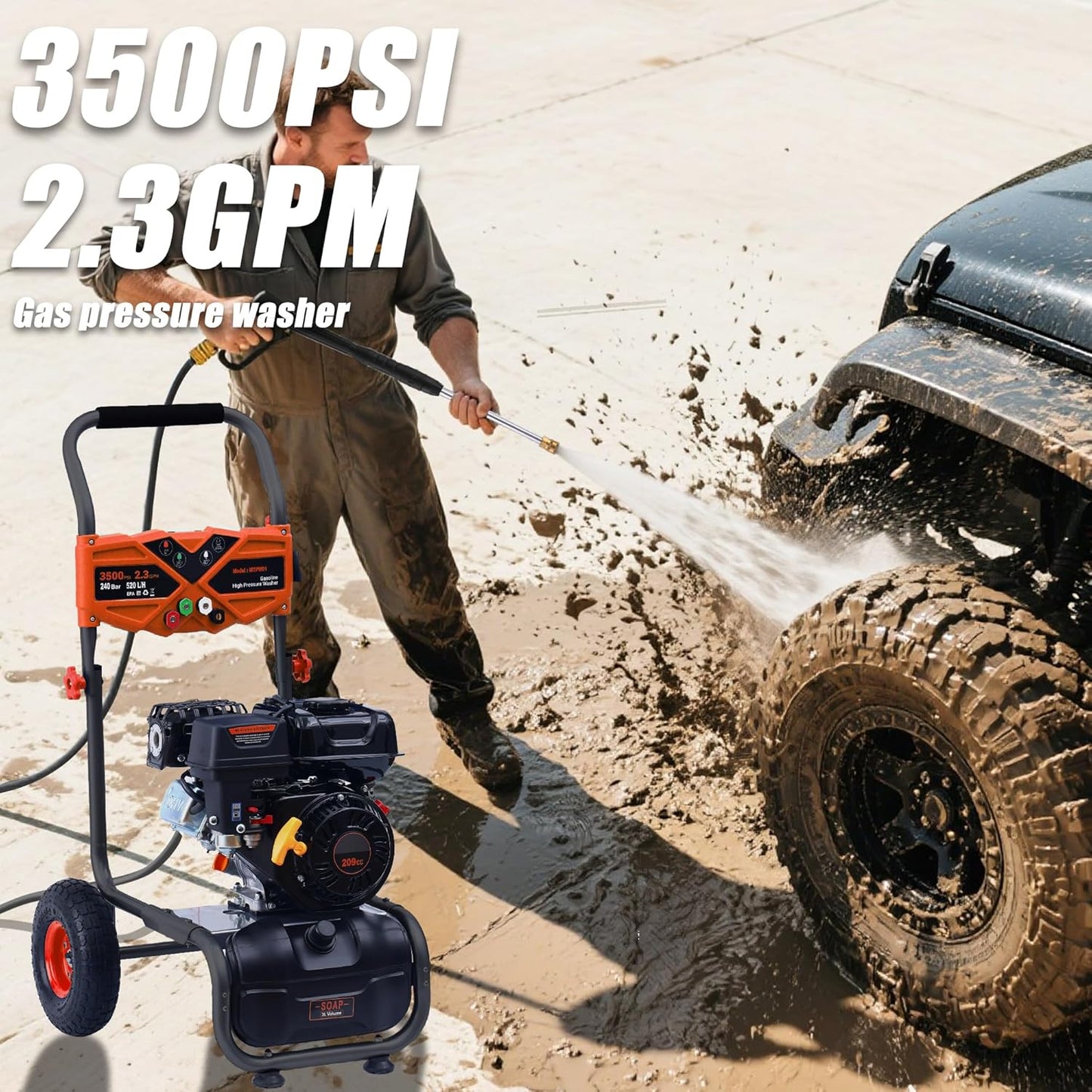 3500PSI Gas Pressure Washer, 2.3GPM Gas Powered High Pressure Washer with 209CC Engine, 4 Adjustable Nozzles, 25 ft High Pressure Hose for Cleaning Walls, Terraces, Vehicles, Gardens (Orange)