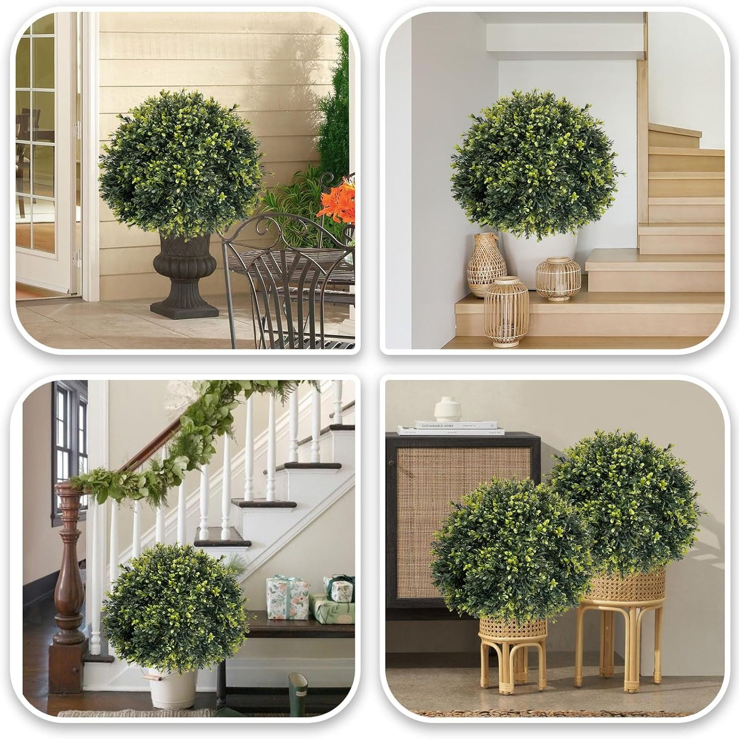 ICX 2 Pack 24&quot; Artificial Boxwood Topiary Ball Trees with Ground Spike,Artificial Plants Outdoor,Fake Bushes &amp; Shrubs for Porch, Garden, Front Porch Decor - Indoor/Outdoor Faux Plants