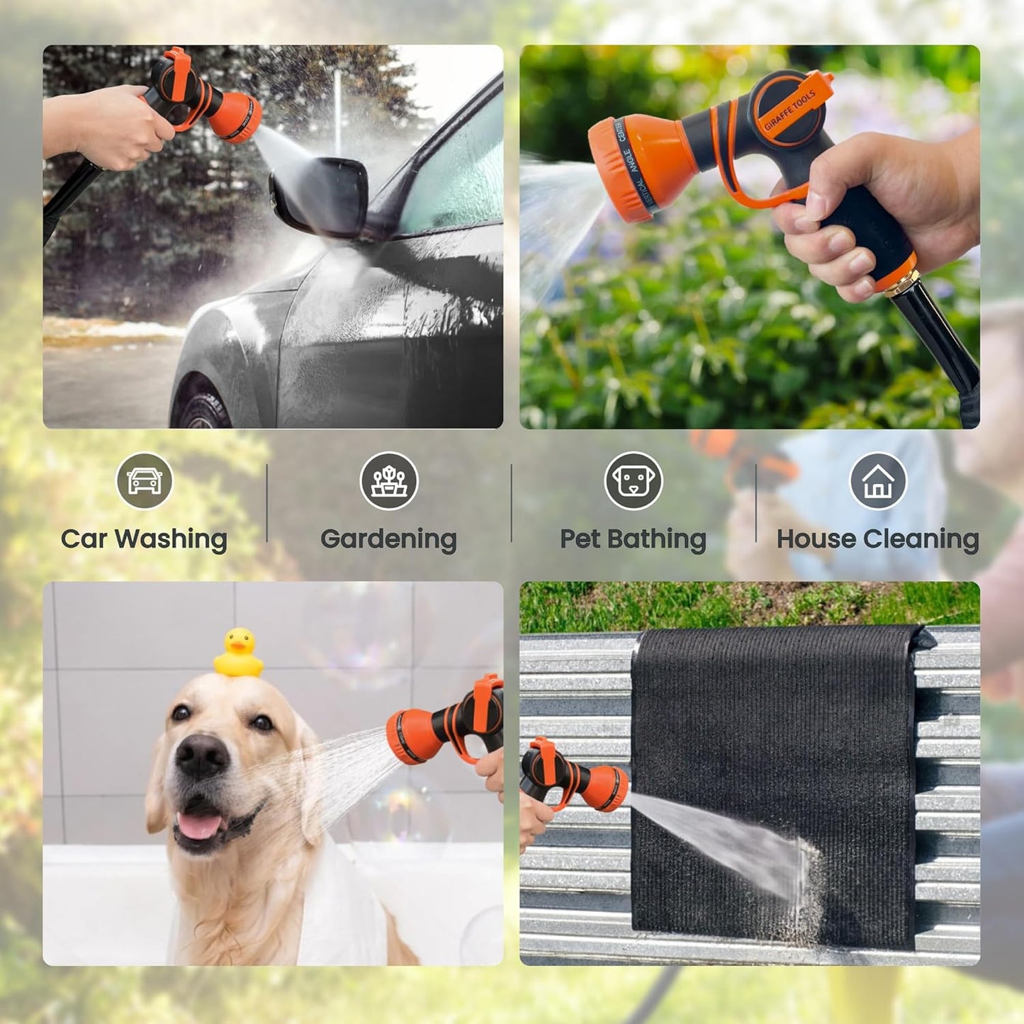 Giraffe Tools Garden Hose 50FT Lightweight Lay Flat Water Hose Kink Free Flexible Hose with 9 Spray Function Nozzle（Black）