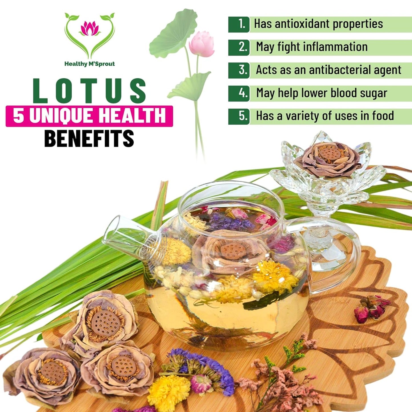 Lotus Flower Tea – Dried Whole Blossom – Antioxidant Rich Herbal Tea for Teapot, Tea Infuser, Tea Cups – Delicious Intense Flavor – No Caffeine, Low Calorie (5 Lotus Packs)