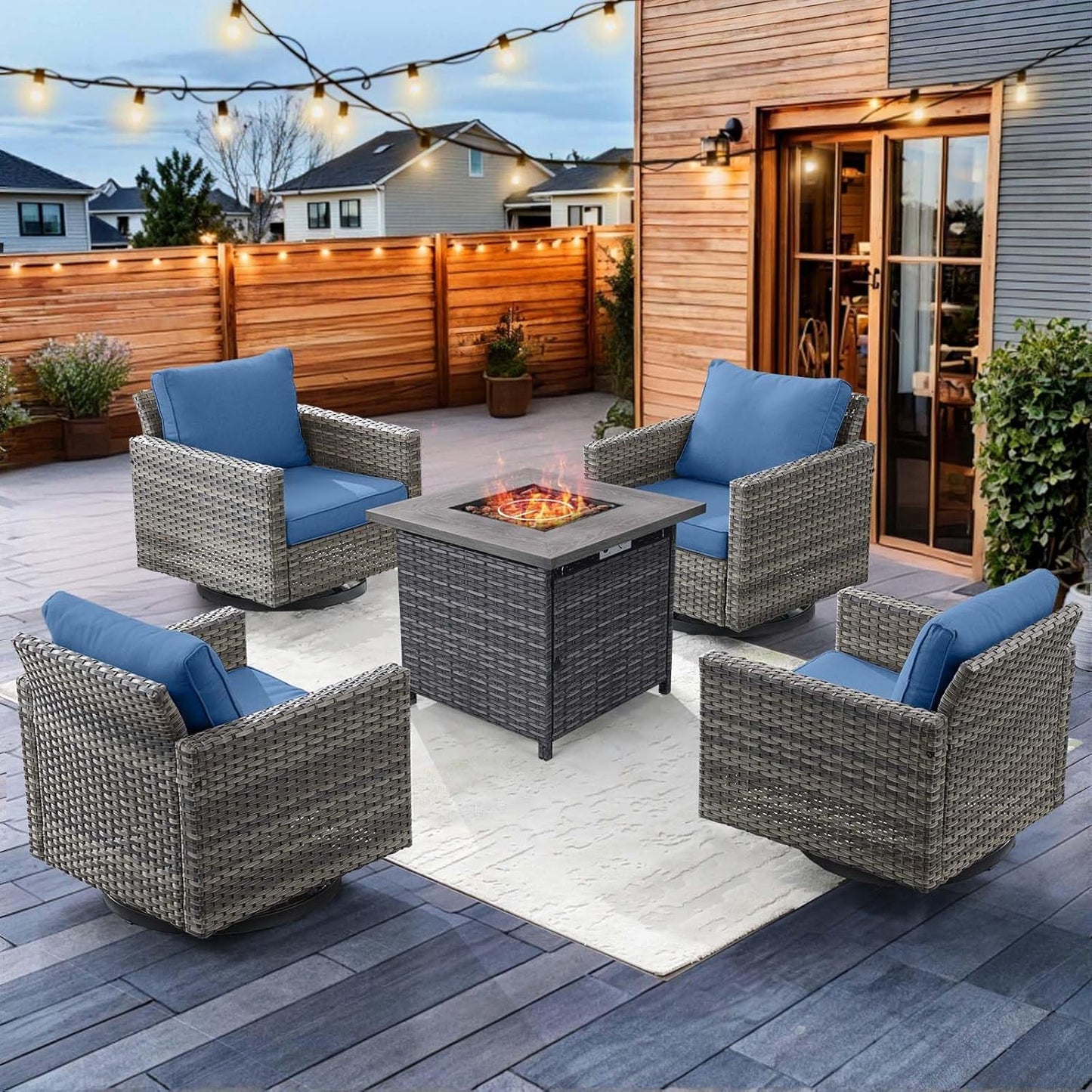 HUMMUH 5 Piece Patio Furniture Set,Wicker Swivel Rocker Patio Chairs Set of 4 with 30'' Fire Pit Table Outdoor Furniture Set for Porch,Garden,Backyard