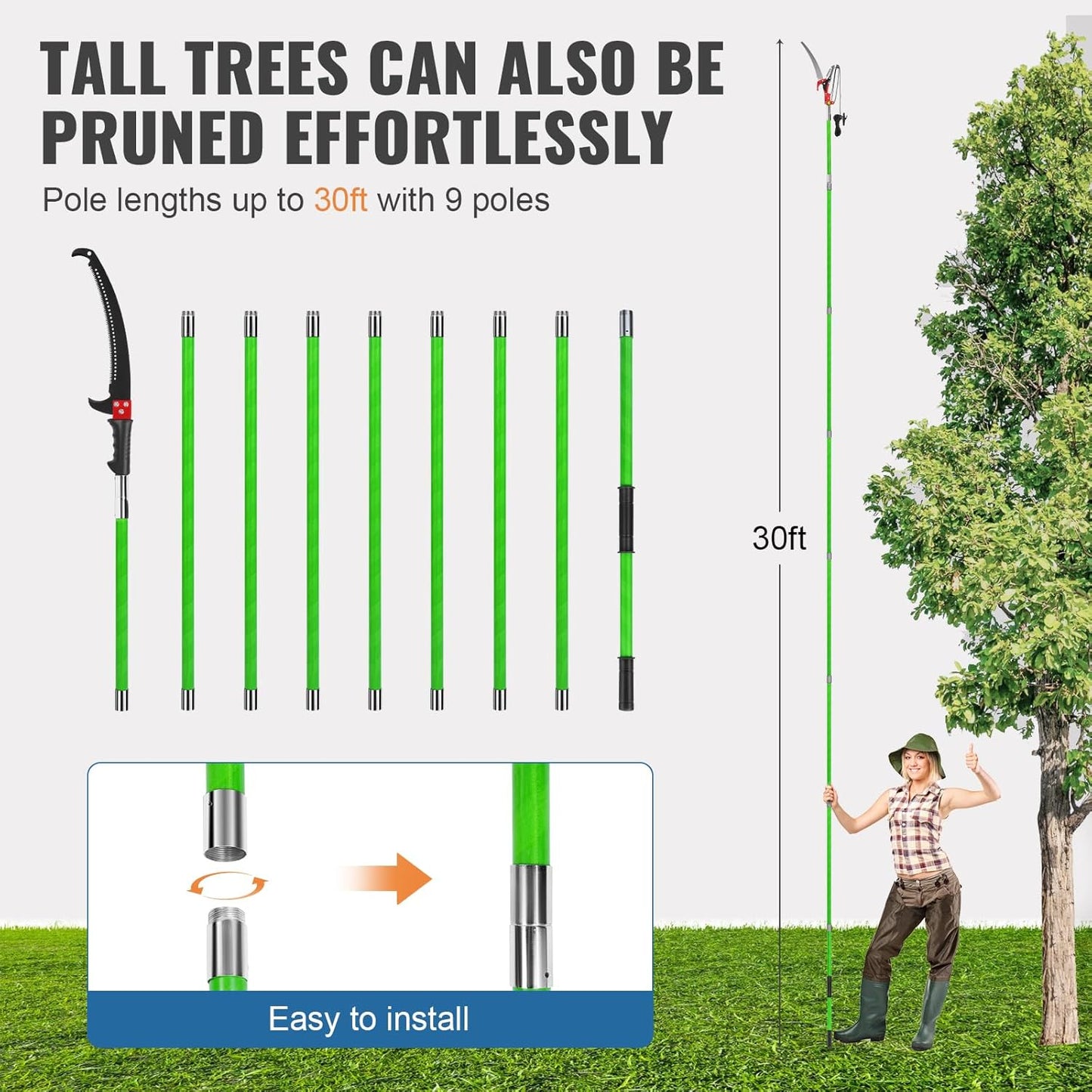 30 Ft Manual Pole Saw, Extendable Tree Pruner Blade and Scissors Set with 9 Fiberglass Handles, Long Branch Pruner Retractable for Backyard and Garden, Bush Cutting and Pruning of Palm Trees