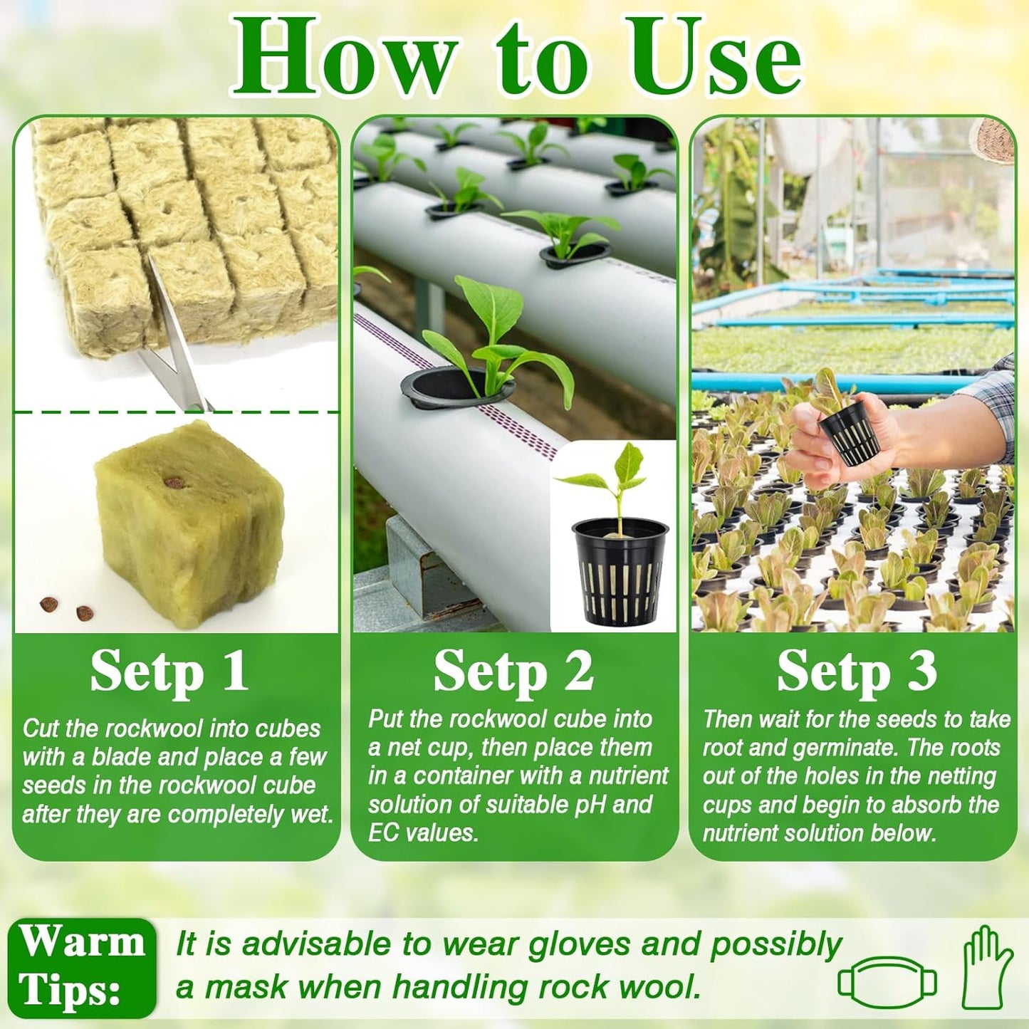 Halatool 144PCS 1.2-Inch Rockwool Cubes with 120PCS 2-Inch Net Cups for Hydroponics Great Hydroponic Kit for Cuttings Clone Plant Propagation Seed Starting & Soilless Cultivation