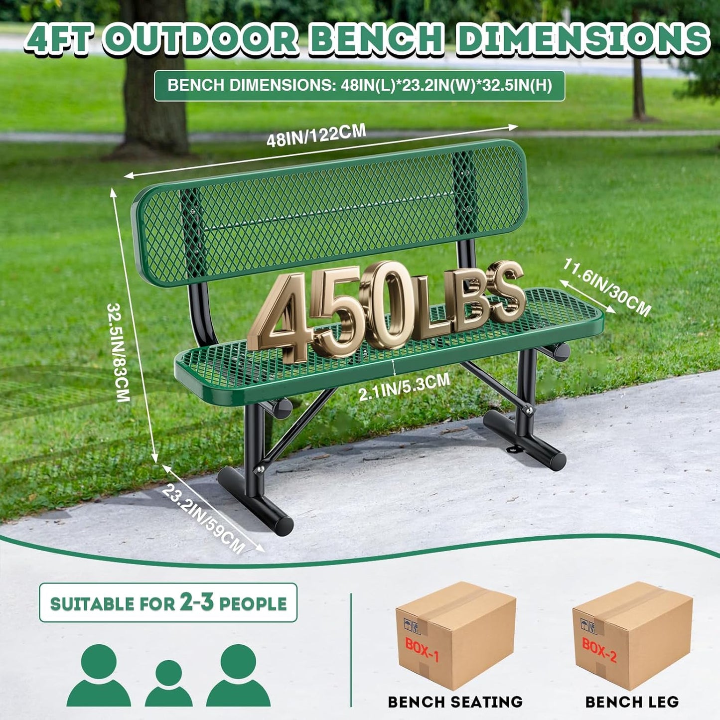 Heavy Duty Park Bench for Outside, Metal Park Bench with Back Portable Frame, Outdoor Steel Mesh Garden Bench with Backrest for Garden, Lawn, Patio, Porch, Park, Yard (Green, 4FT/50INCH)