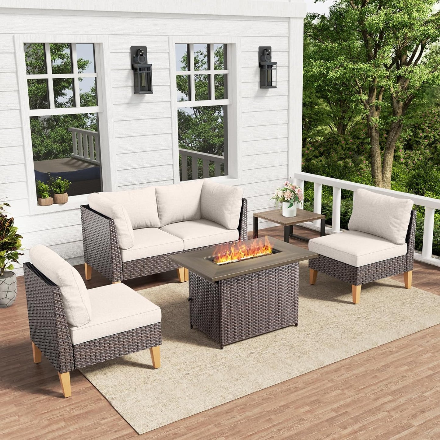 HUMMUH 6 Pieces Patio Furniture Set with Fire Pit,Outdoor Modular Sectional Loveseat Chairs with Table,All Weather PE Wicker Patio Conversation Sets for Deck Porch Backyard