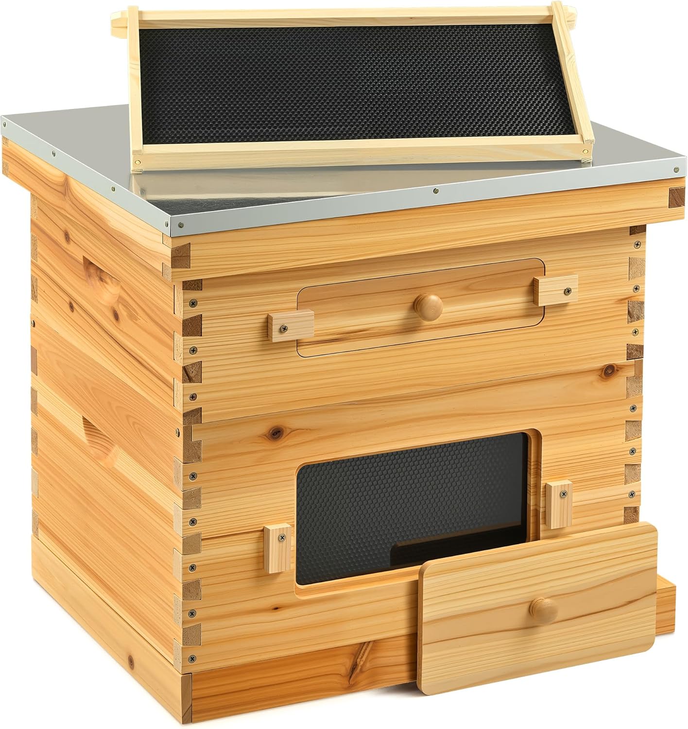 CREWORKS 10 Frame Bee Hive, 2 Layers Beeswax Coated Beehive Starter Kit with Frames & Foundations, Langstroth Bees Hives Box with Transparent Acrylic (Window Medium Box & Deep Box)