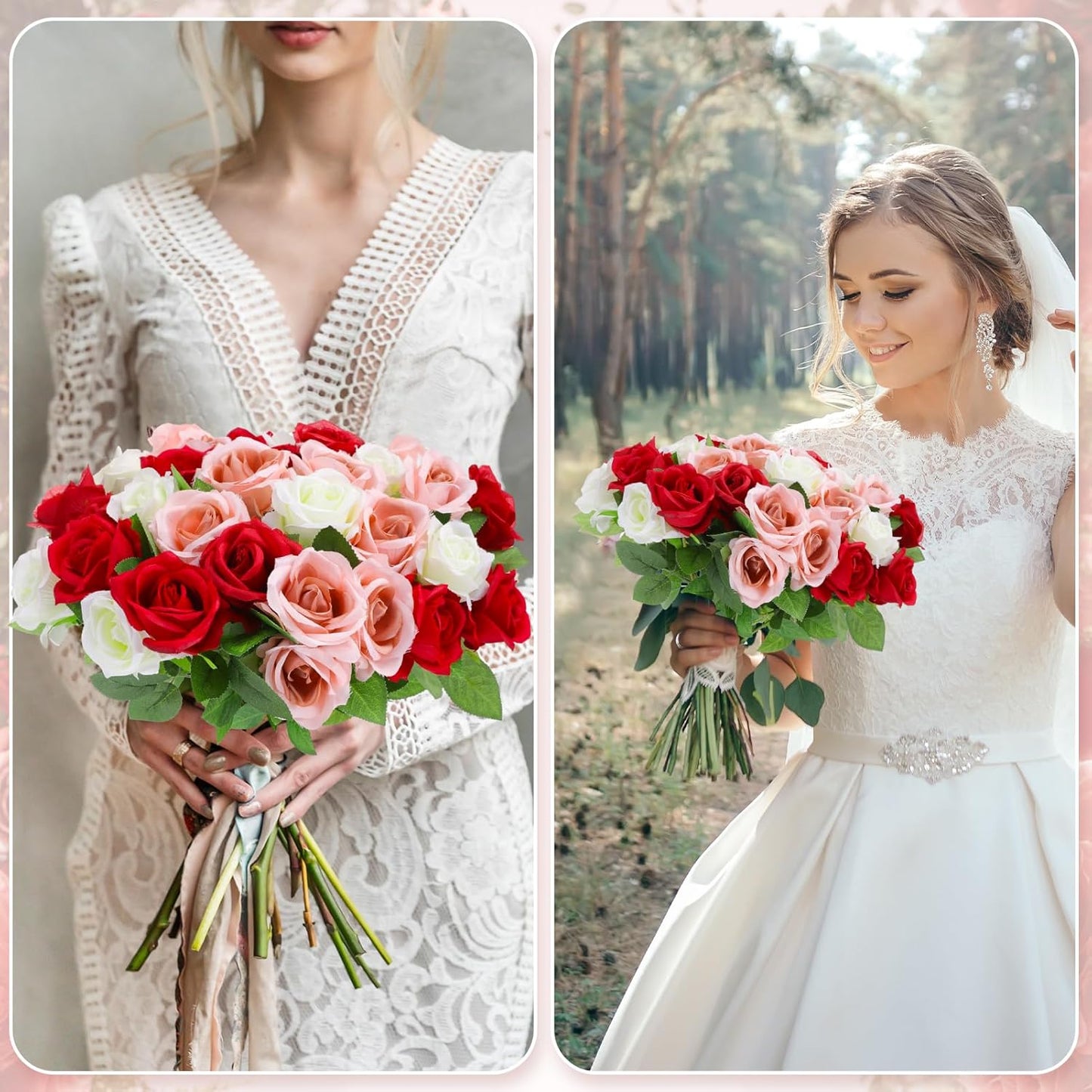 36 Pcs Red White Pink Artificial Roses with Long Stems, Fake Silk Rose Artificial Flowers Bulk for Bridal Wedding Bouquet Centerpiece Ball Arrangement Party Decor