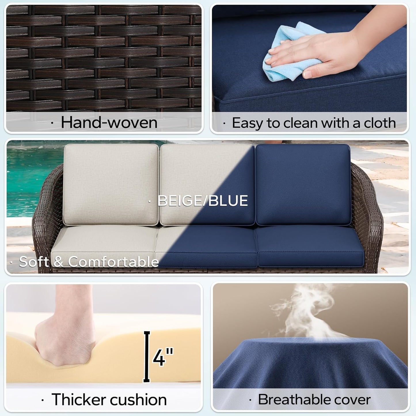 5 Pieces Outdoor Patio Rattan Conversation Furniture Set with Cushions, 78" 3-Seat Wicker Sofa, 55" 2-Seat Couch, 2 Armchairs, Metal Coffee Table for Garden (Navy Blue)