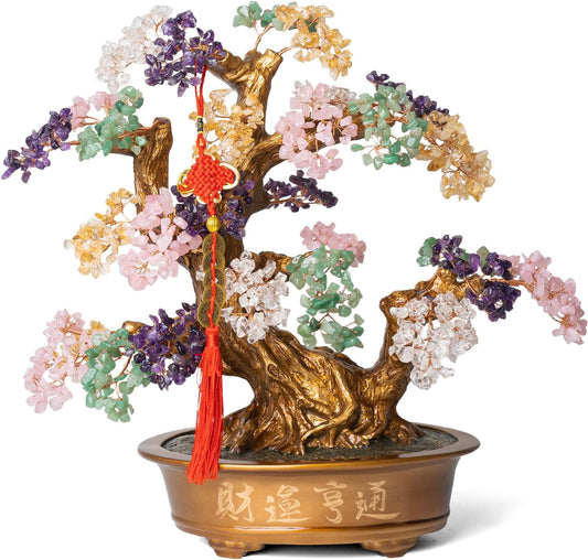 Natural Chakra Gemstone Crystal Bonsai Tree of Life（1,350 Gemstone Count） Large Feng Shui Money Tree for Luck and Wealth Desk Decoration 20 Inches
