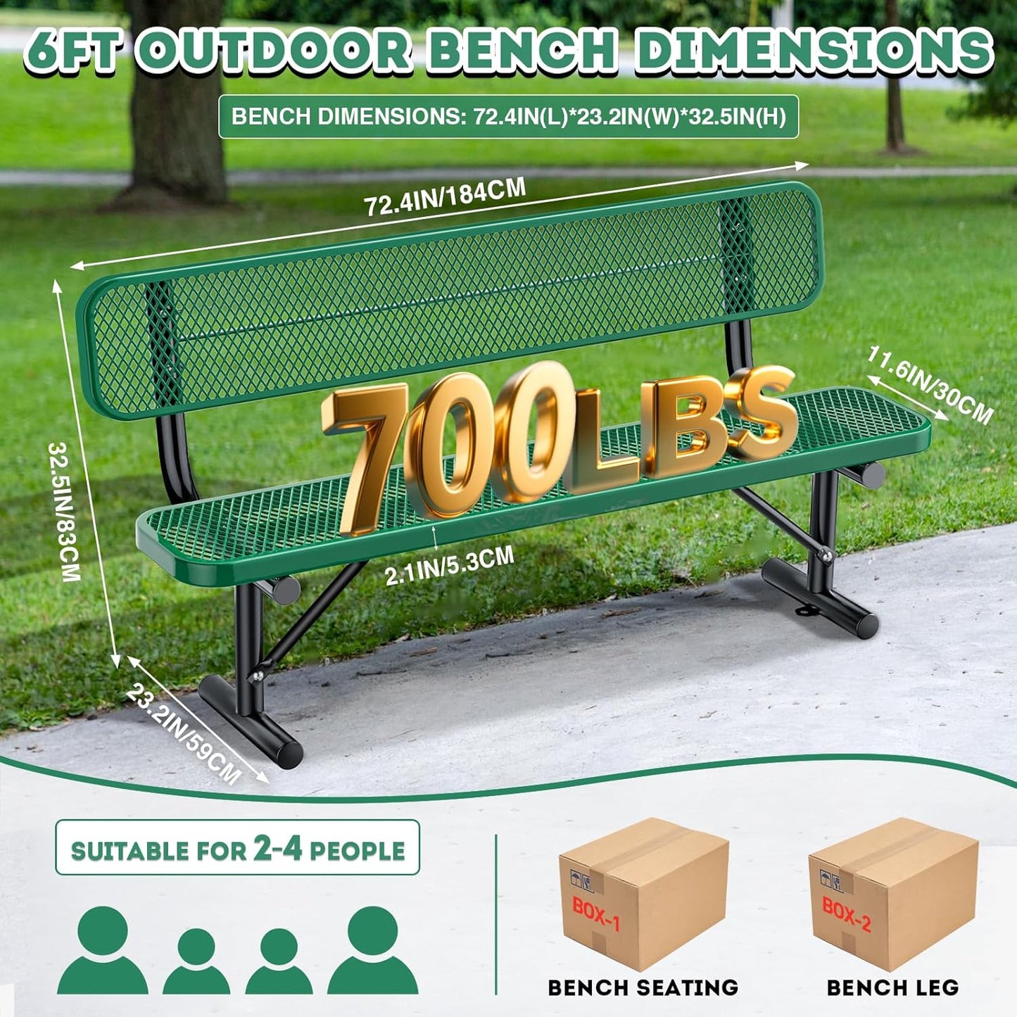 Heavy Duty Park Bench for Outside, Metal Park Bench with Back Portable Frame, Outdoor Steel Mesh Garden Bench with Backrest for Garden, Lawn, Patio, Porch, Park, Yard (Green, 6FT/73INCH)