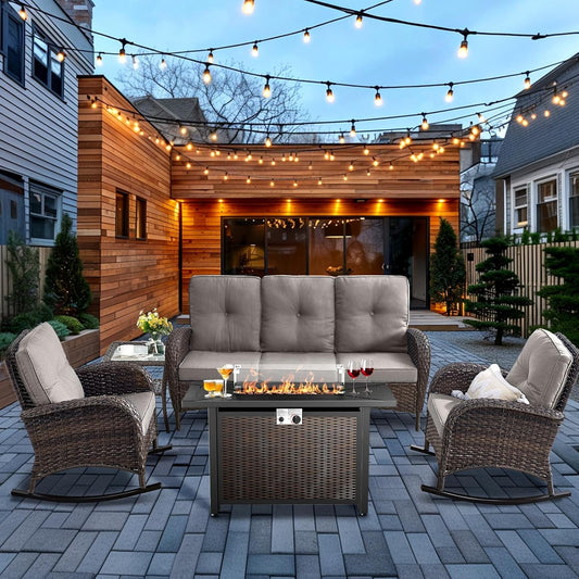 HUMMUH 5-Piece Patio Furniture Set with Fire Pit,Wicker Outdoor Rocking Chairs Patio Sofa for Backyard,Poolside,Deck