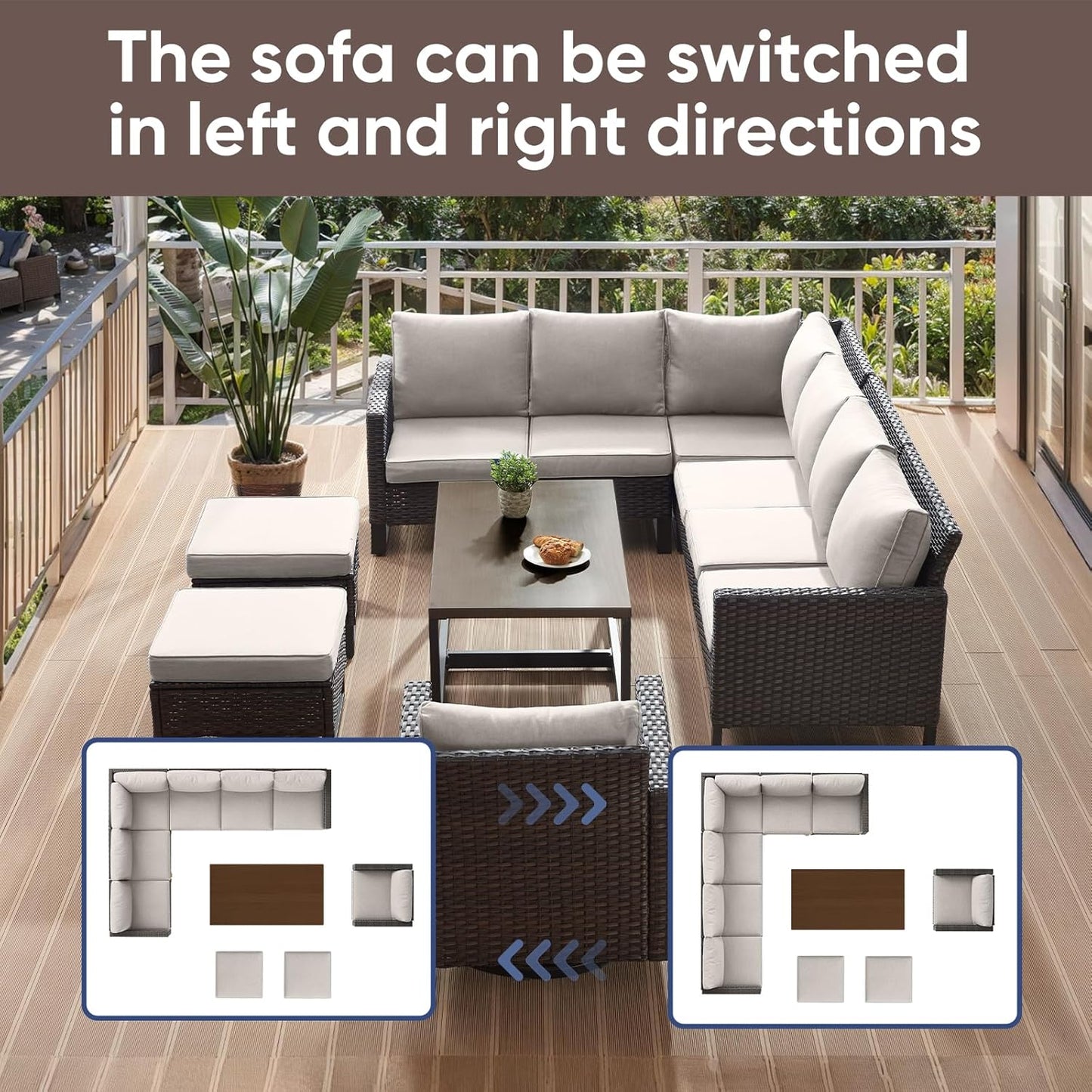 HUMMUH 8 Piece Patio Furniture Set PE Wicker Outdoor Sectional Sofa and Patio Swivel Chairs Outdoor Dining Table Ottomans for Porch,Garden,Backyard,Deck(Brown/Beige)