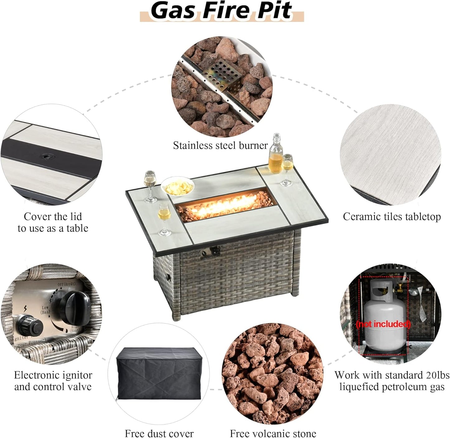 HOOOWOOO 13 Piece Modular Patio Outdoor Sectional Furniture Set with Gas Propane Fire Pit Table,Wicker Conversation Sofa Set,Out Door Couch Set with Wide Arm Outside(Beige)