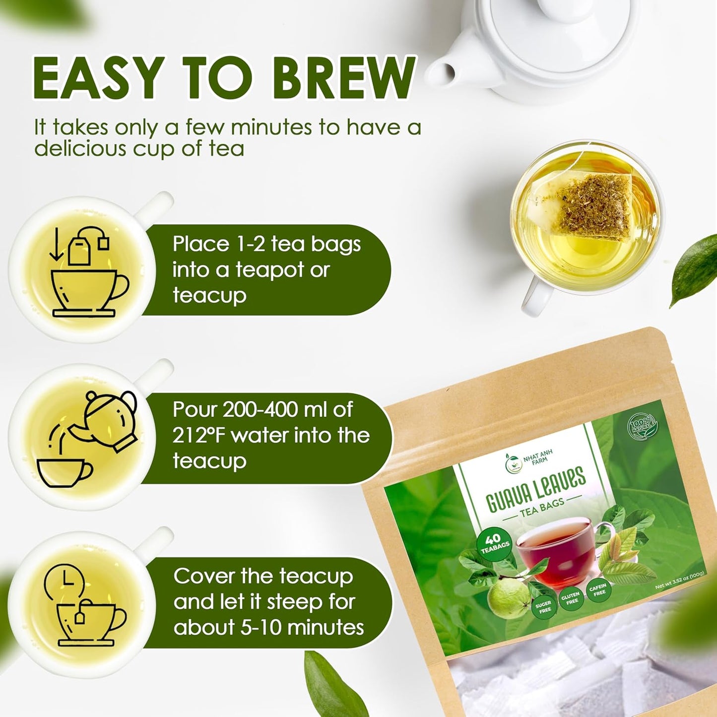 NHAT ANH FARM - Premium Guava Tea Bags - Dried Guava Leaves 40 Tea Bags, 2.5g/bag) - 100% Natural And Pure, Sugar/Caffeine/Gluten Free. Good For Your Health