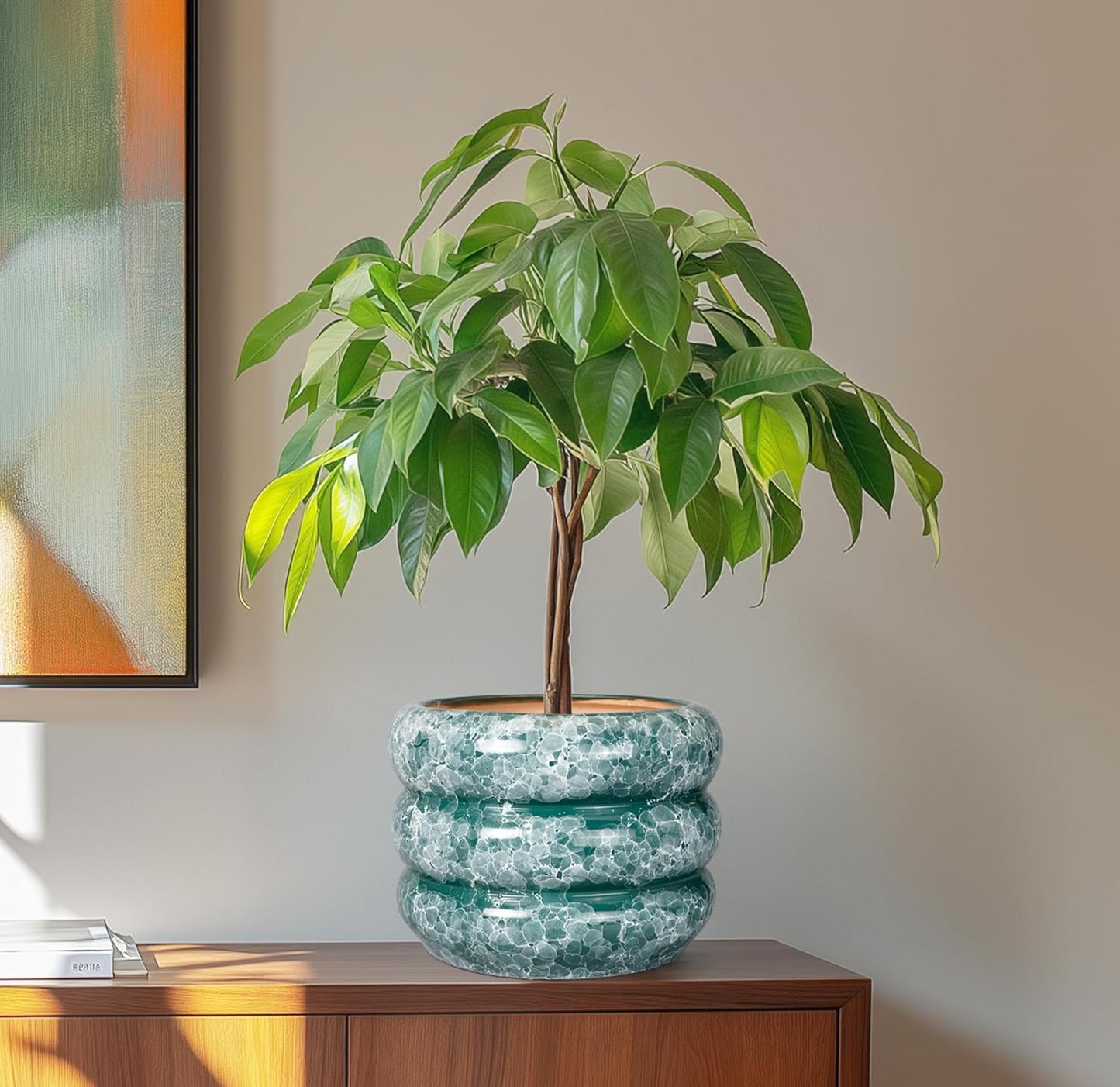 SQOWL 8 Inch Pot for Plants Indoor - Ceramic Planter Medium Plant Pot with Drainage Hole Round Flower Pot Outdoor Mid-Century Planter for Entry Way Table Home Decor Green