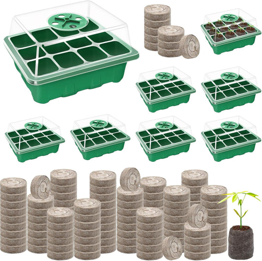Halatool 8 Pack Seed Starter Tray with 100 PCS Peat Pellets, 96 Cells Green Plant Germination Trays for Organic Seed Starter Soil Pods for Planting Vegetables Plants Flowers Herbs - Starting Seeds Kit