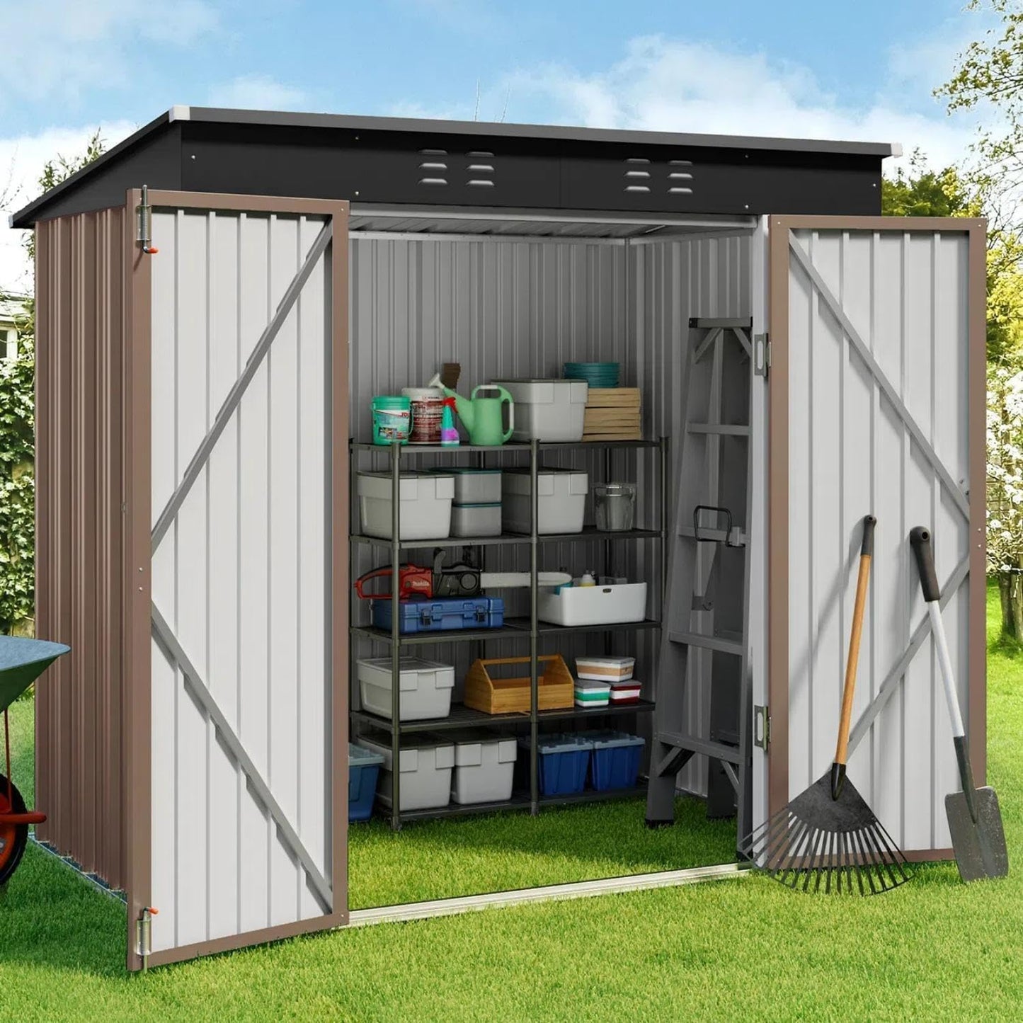 Gizoon 6' x 4' Outdoor Storage Shed with Double Lockable Doors, Anti-Corrosion Metal Garden Shed, Waterproof Shed Outdoor Storage Clearance for Backyard Patio Lawn-Brown