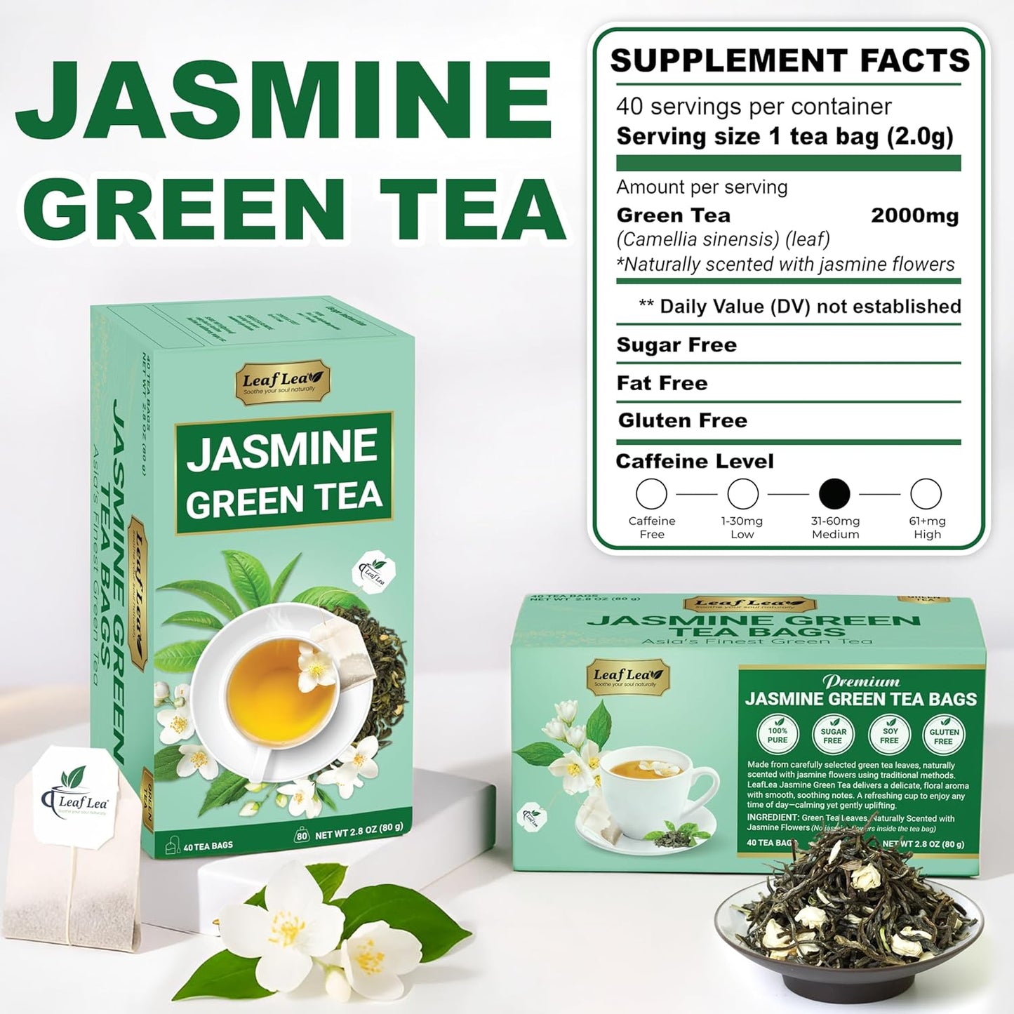 LeafLea 80 Jasmine Green Tea Bags, Green Tea with Natural Jasmine Aroma, Light Focus & Daily Balance, Delicate Floral and Smooth Taste, Caffeinated, Sugar-Free, Non-GMO, Vegan, Individually Wrapped
