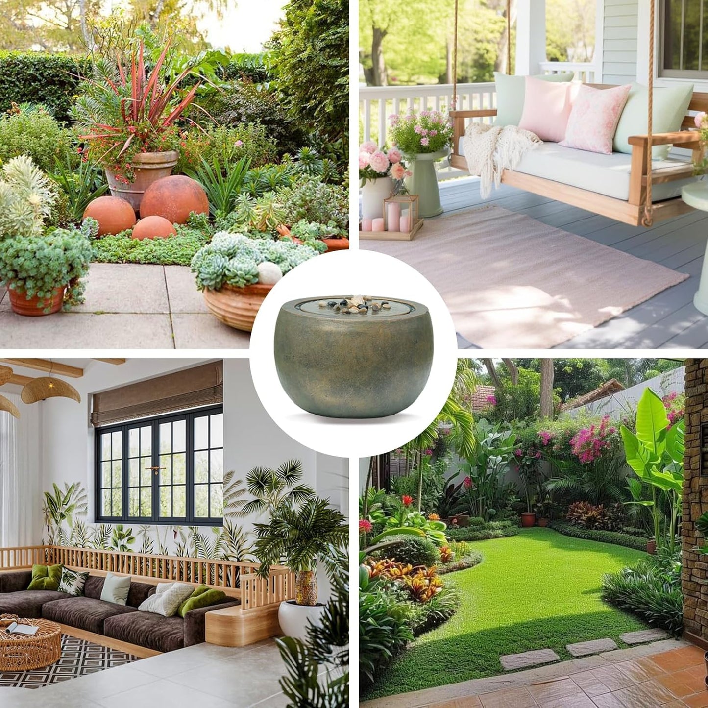 Garden Water Fountain Outdoor Large Round Bubbler Water Feature Indoor with Lights & Pump and Pebbles Concrete Effect for Patio Pool Pond Yard Home Decor Gold, 25 "L X 25" W X 17.5" H