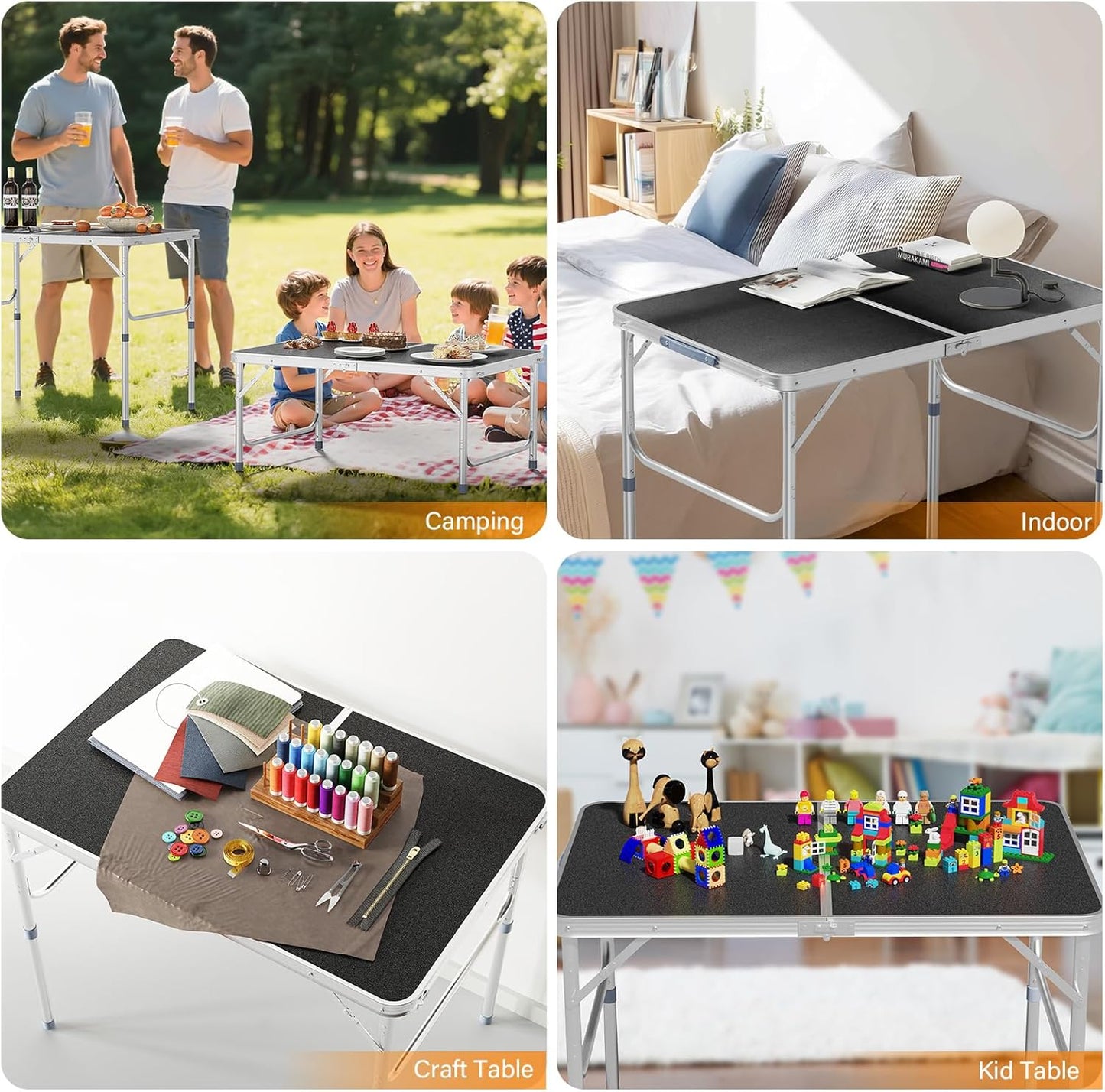 VINGLI 3FT Small Camping Table Adjustable Height Aluminum Folding Table for Picnic Party BBQ, Plastic RV Suitcase Table Portable Lightweight Fold Up Utility Outdoor Tables with Carrying Handle …