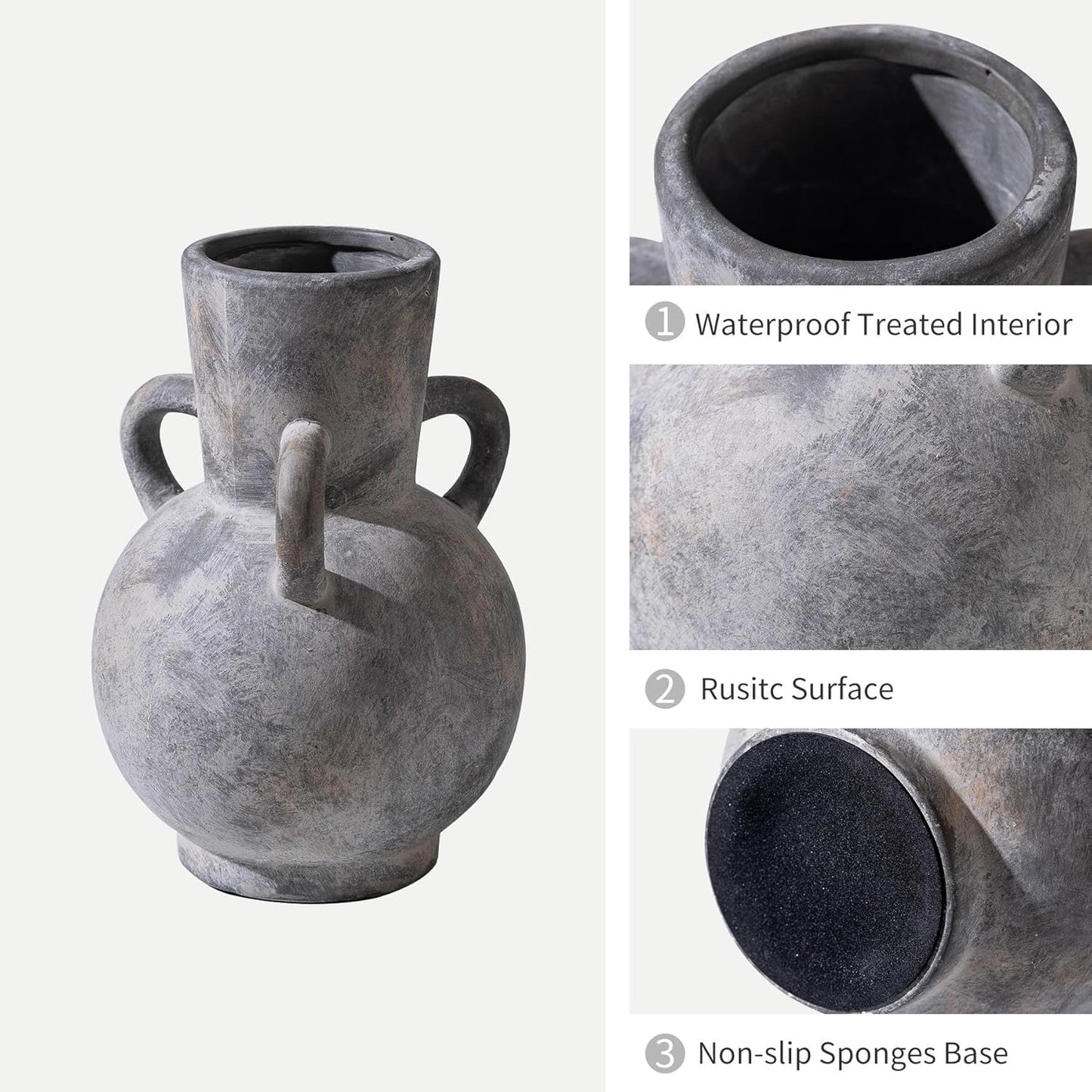 Rustic Grey Terracotta Ceramic Vase with Handles, Vintage Pottery Floral Vases, Cottage Core for Home Decor Table Centerpiece, Large Flower Vase for Bouquets Table Mantel Bedroon Bathroom 8.5 Inch