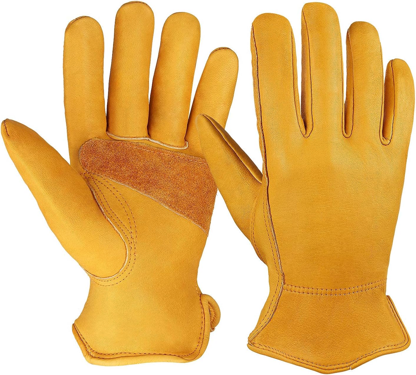 OZERO Leather Work Gloves Flex Grip Stretchable Tough Cowhide Work Gloves 1 Pair (Gold, Medium)