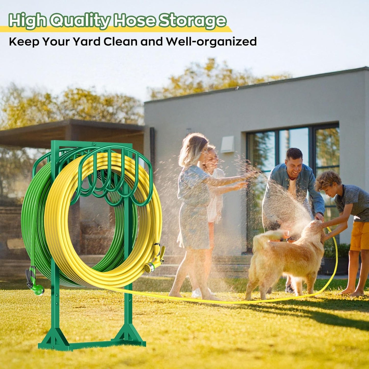 Garden Water Hose Holder Holds 2 * 150Ft Hoses, Heavy-Duty Metal Freestanding Hose Holder with 4 Spikes, Rustproof Garden Hose Hanger Storage for Outside, Yard, Lawn