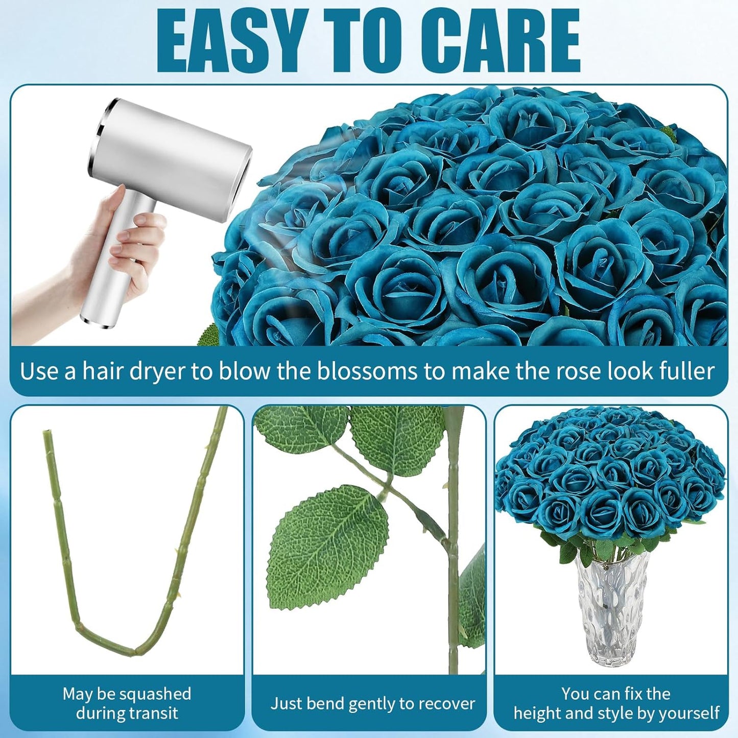 36 Pcs Teal Artificial Roses with Long Stems, Blue Green Fake Silk Rose Artificial Flowers Bulk for Bridal Wedding Bouquet Centerpiece Ball Arrangement Party Decor