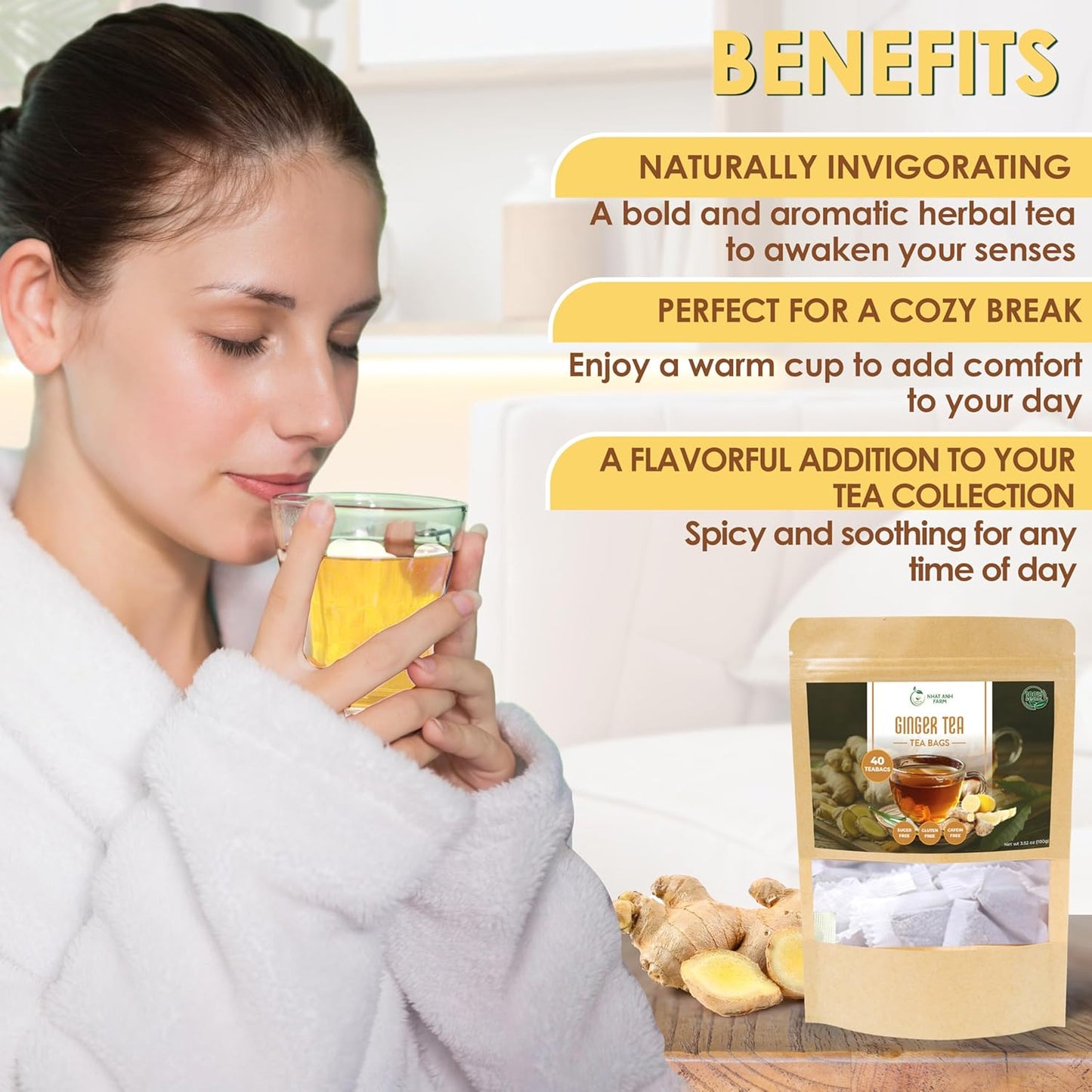 NHAT ANH FARM - Premium Ginger Tea Bags -Dried Ginger Root Tea Bags - 40 Teabags, 2.5g/bag. 100% Natural & Pure, Caffeine Free. Good for your health.