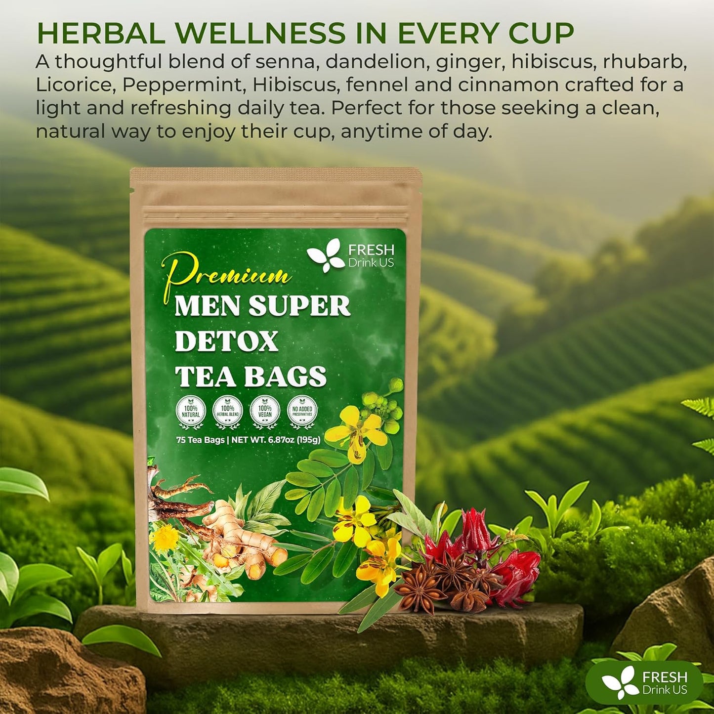 FreshDrinkUS, Premium 75 Tea Bags Men Super Detox Tea – Herbal Blend with Senna, Dandelion Root, Ginger, Peppermint & More – 100% Natural, Sugar-Free. Caffeine-Free. Gluten-Free. Vegan