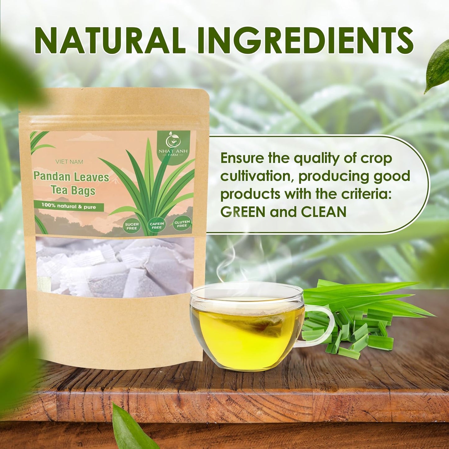 NHAT ANH FARM - Premium Pandan Leaves Tea Bags, 40 Pandan Leaves Tea Bags, 100% Natural Dried Pandan Leaves, Naturally Sweet Herbal Tea, Sugar-Free, Caffeine-Free, No Additives