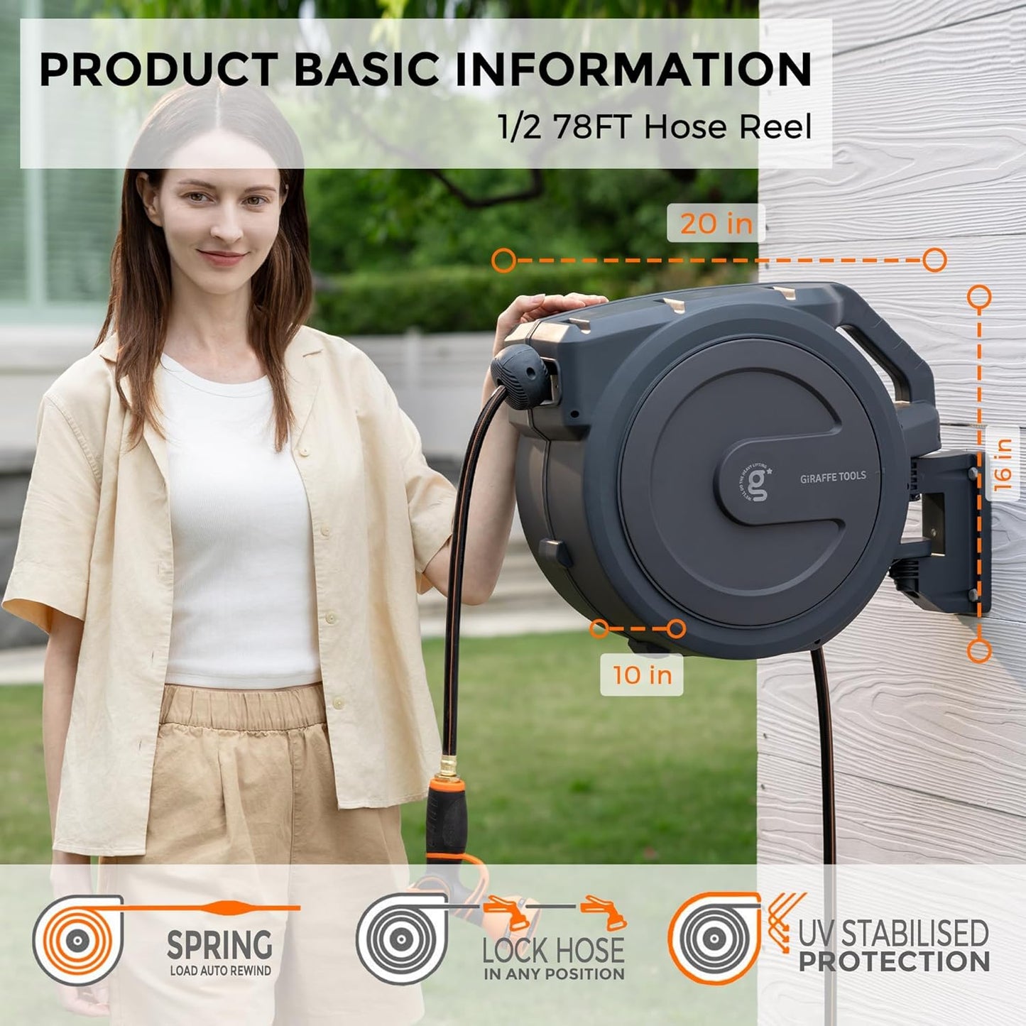 Giraffe Tools Hose Reel 1/2‘’ 78 ft, Heavy Duty Retractable Garden Hose Reel with Any Length Lock, Slow Return System, Wall Mounted and 180 Deg Swivel Bracket