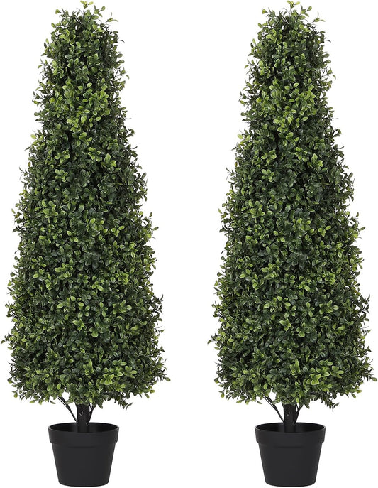 4ft Artificial Boxwood Topiary Trees (Set of 2) - UV Resistant Faux Plants Outdoor, Realistic 48in Fake Potted Bushes and Shrubs for Front Porch, Planter, Patio - Low Maintenance & Evergreen