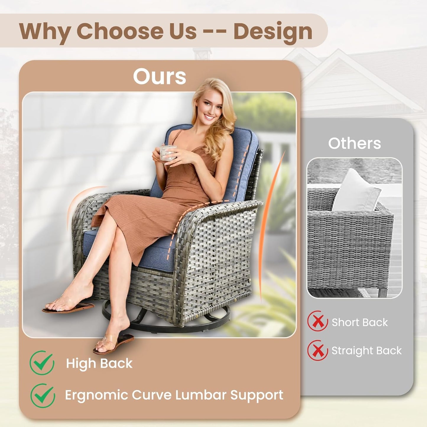 HOOOWOOO Patio Furniture Set,8 Pieces Outdoor Conversation Set,All Weather Wicker Loveseat Sofa Set with High Back Swivel Rocking Chairs Tables,Denim Blue