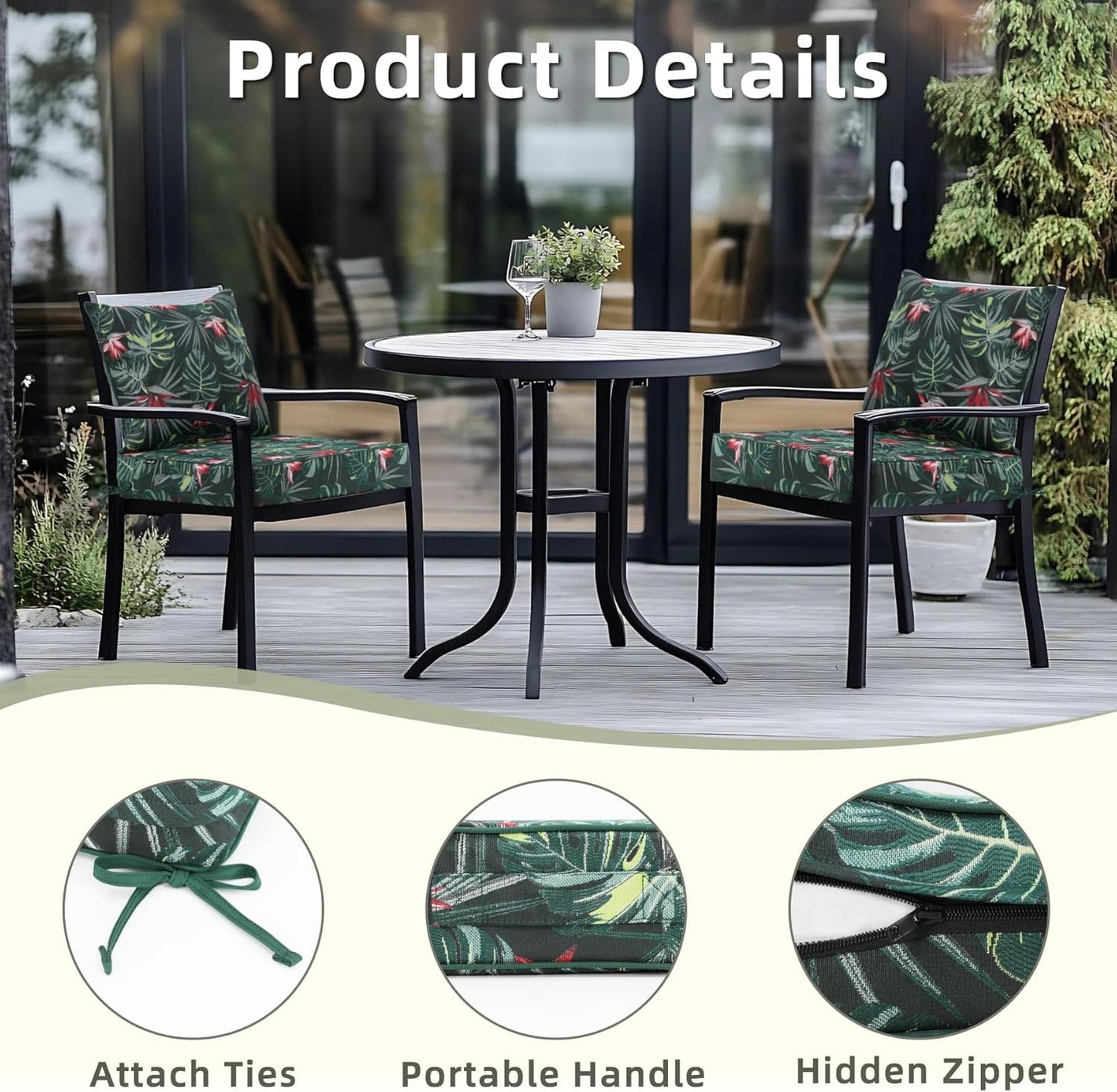 Favoyard Outdoor Seat Cushion 19 x 19 x 3 in Waterproof Pattern Fade Resistant Cover Removable Patio Furniture Cushions Deep Seat & Back Cushion Set with Adjustable Straps for Patio Chair Sofa Couch