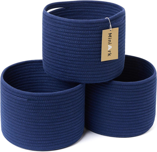 Small Basket for Organizing | Cube Shelf Closet Storage Baskets | 9.7×9.7×7.1” | Woven Rope Gift Basket | Nursery | Round 3 Packs Navy Blue