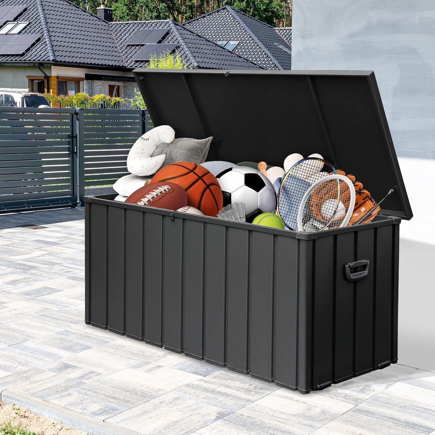 120 Gallon Metal Deck Box,Waterproof Outdoor Storage Box, Large Patio Furniture Storage Chest/Cabinet, Lockable Storage Bench for Porch Package Delivery,Cushions,Tools, Pool, Grey