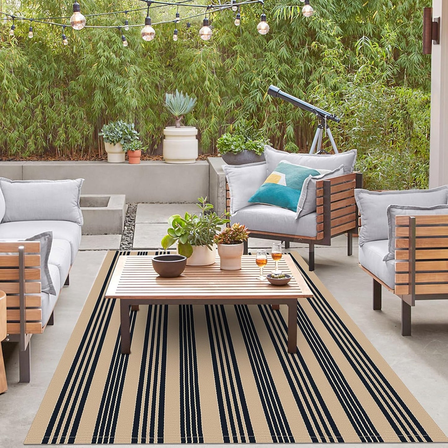 IOHOUZE Black and Tan Striped Rug 5'x7' Indoor Outdoor Rug, Washable Area Rug for Living Room, Large Patio Rug, Cotton Striped Rugs for Patio Living Room Bedroom