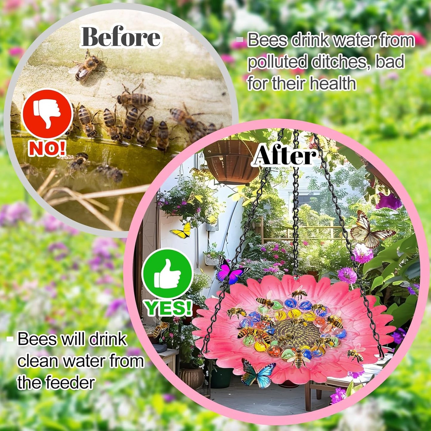 Bee Watering Station for Garden, Bee Bath Feeders for Outside with Vivid Flower Design, Hanging Butterfly Bath Bowl with Glass Balls for Outdoor Courtyard Decoration (1Pcs-Pink)