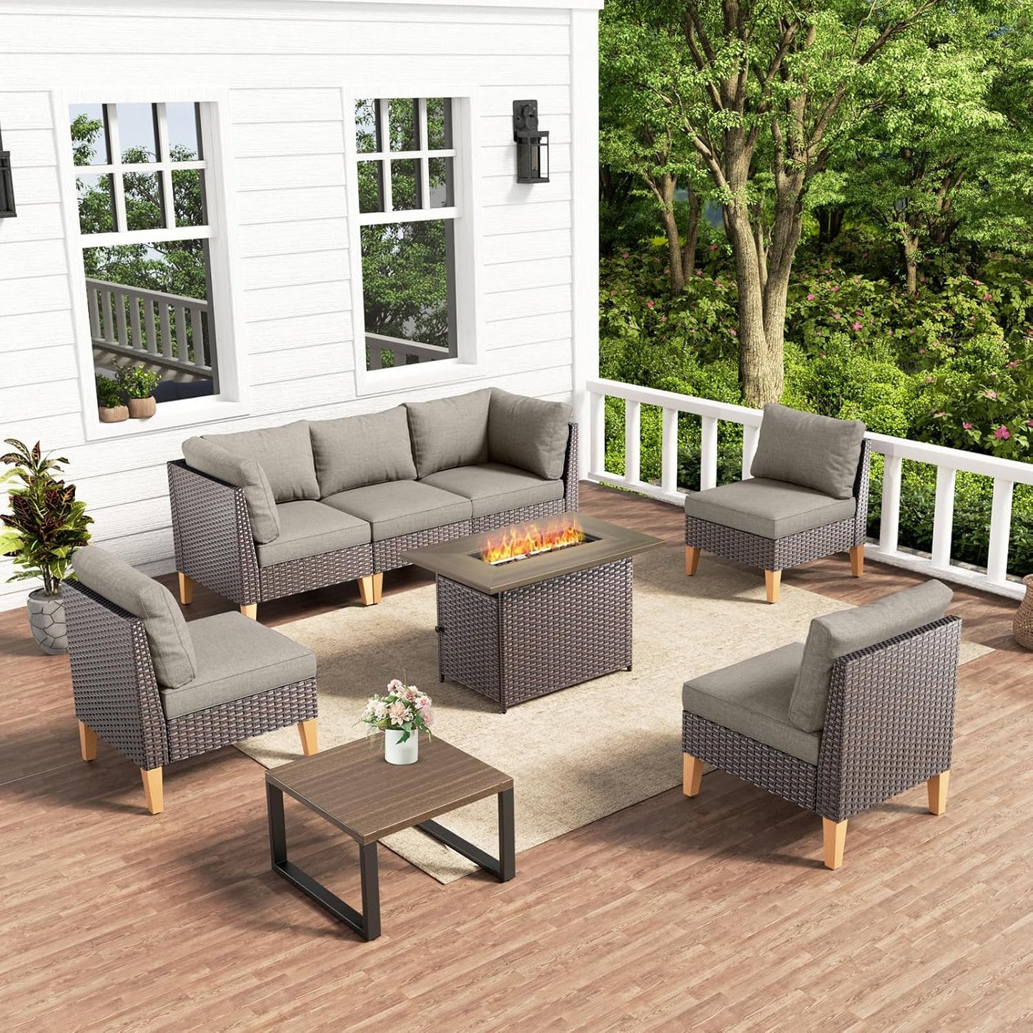 HUMMUH 8 Pieces Patio Furniture Set with Fire Pit,Outdoor Modular Sectional Couch Chairs with Table,All Weather PE Wicker Patio Conversation Sets for Deck Porch Backyard