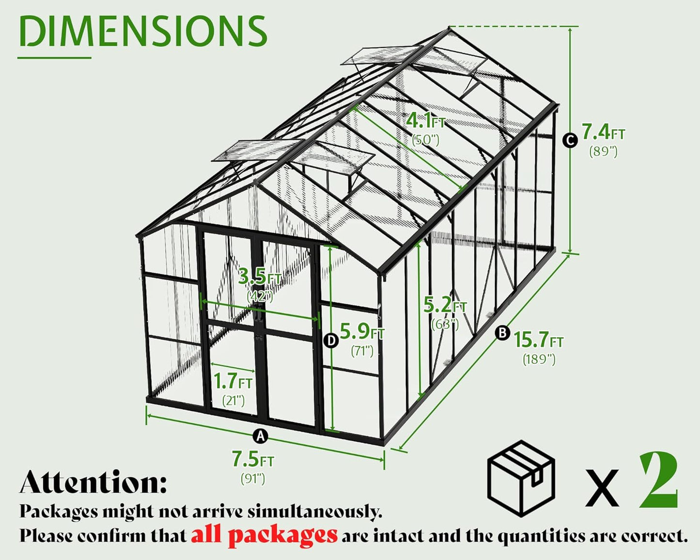 Jocisland 8x16x7.5 FT Polycarbonate Greenhouse with Quick Connectors, Outdoor Aluminum Greenhouses with Ventilation and Rain Gutter, Large Walk in Greenhouse for Backyard Garden, Black