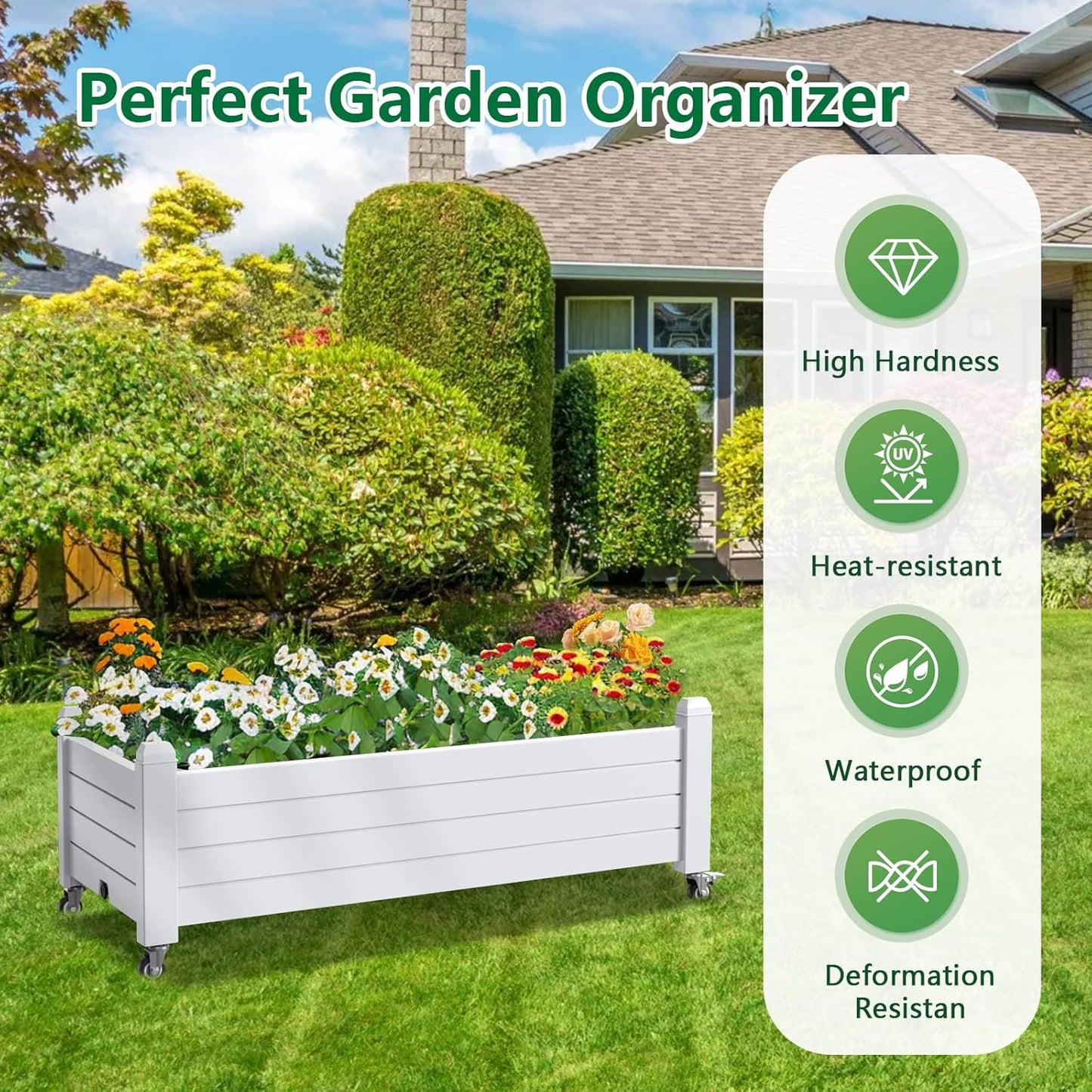 Horticulture Garden Bed, Divisible Resin Planter Box for Backyard, Patio, Balcony, with 4 Legs and 4 Swivel Lockable Wheels(Ashen,43.31 * 17.72 * 17.56)