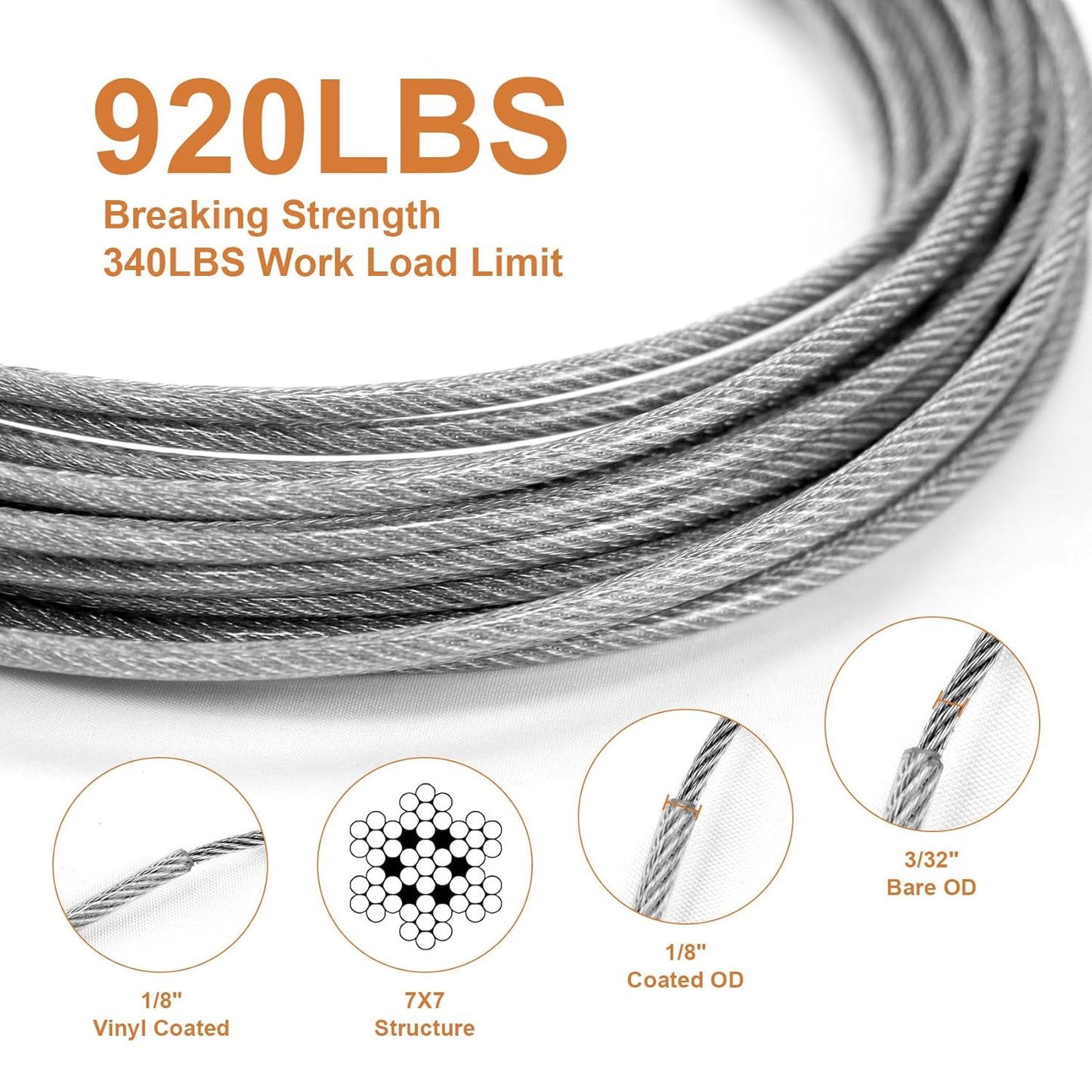 1/8" Vinyl Coated Wire Rope Kit with Work Gloves, 300FT Stainless Steel String Light Hanging Kit with Turnbuckle,7x7 Strand 920LB Strength Clothes Line Cable for Outdoor, Crafts, Garden