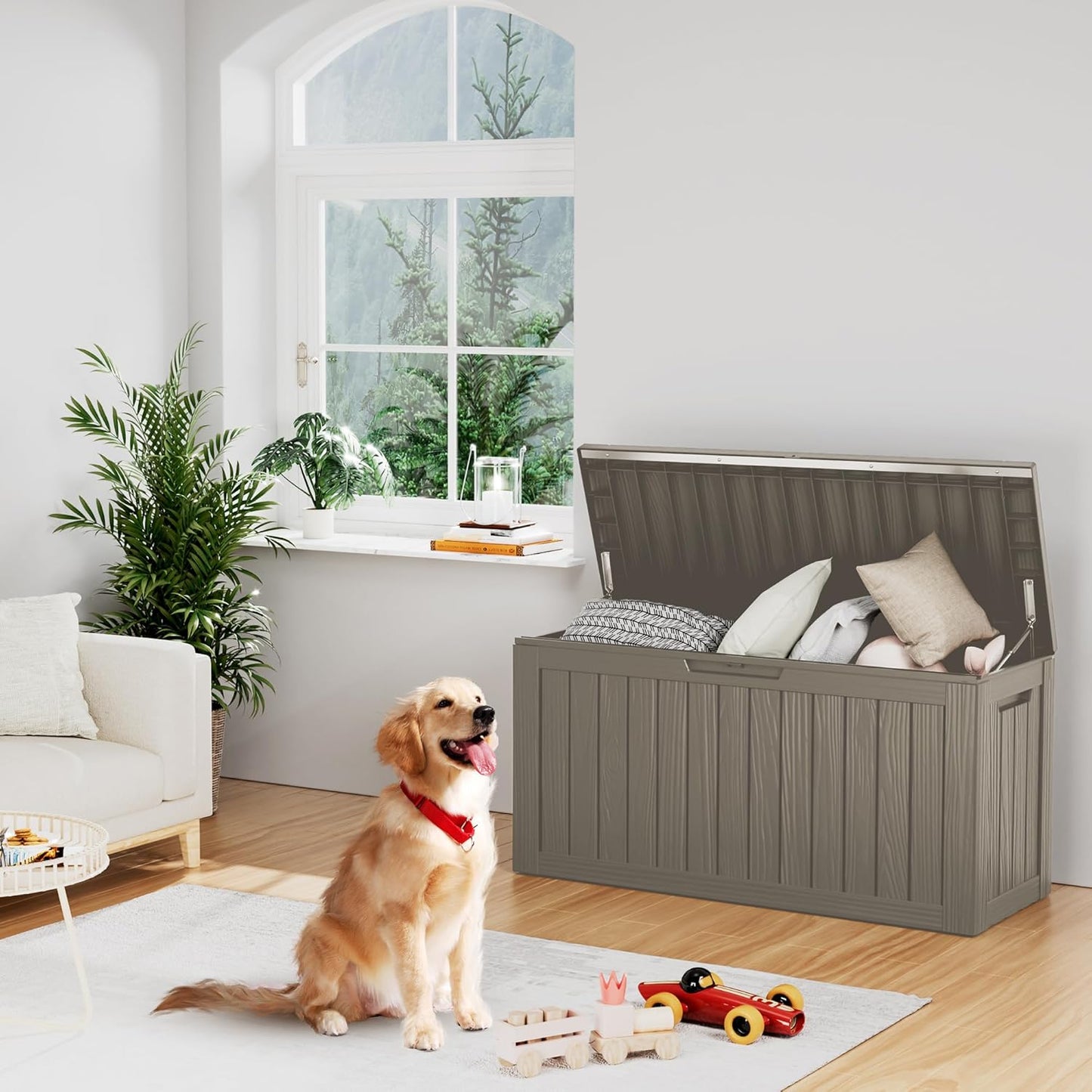 80 Gallon Outdoor Storage Box Waterproof Lockable Resin Deck Box Large, Patio Storage Bin for Pool Accessories Cushion Furniture, Garden Tools, UV-Resistant Outside Delivery Grey