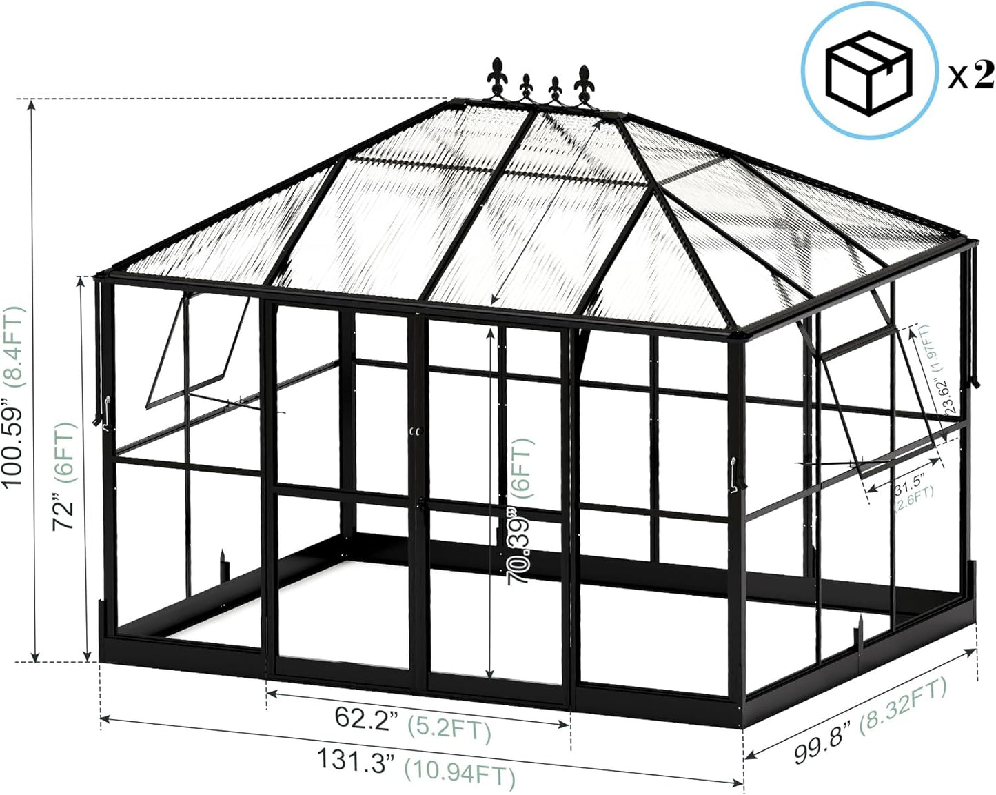 Jocisland 11x8.3x8.6 FT Polycarbonate Greenhouse with Clear Panels- 6 FT Wall Height Outdoor Aluminum Greenhouses with 2 Vents, Double Doors with Hook, Walk-in Greenhouse for Backyard Garden