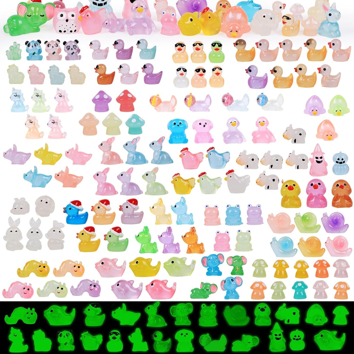 150 PCS Luminous Mini Resin Animals, Glow in The Dark Fairy Garden Decor, Mini Ducks Frogs Turtles Figurines for Aquarium, Terrarium, Slime Charms & Potted Plant Landscape Decoration